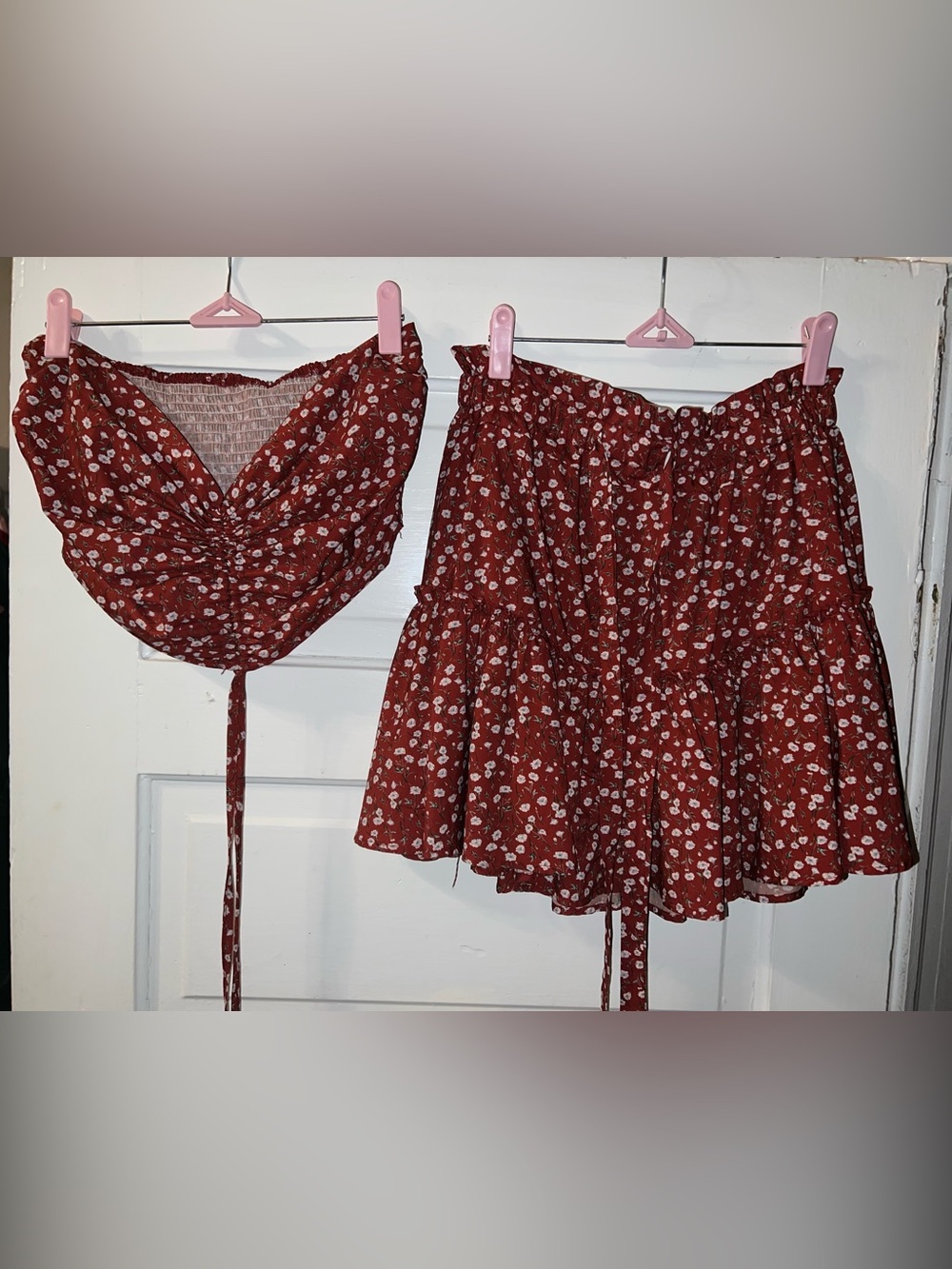 Floral Tiered Mini Skirt and matching tie front crop top in floral Rust Red